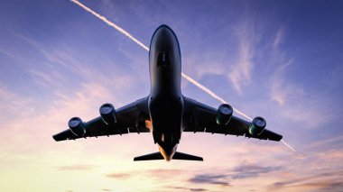 3D illustration Render. Passenger plane is landing during a wonderful sunrise.