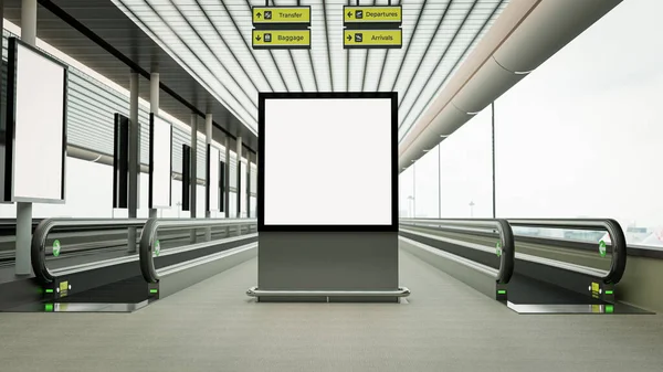 3D Render. Blank billboard in corridor the airport. Useful for your advertising.