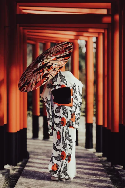 3d illustration. A woman in a kimono walking with an umbrella in Torii gate tunnel