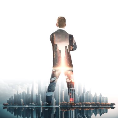 Buesinessman klasik takım elbise giyer ve şehir manzarası seyreder. Çifte maruziyet. 3d illüstrasyon