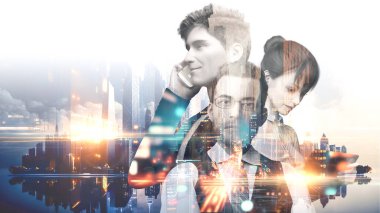 Gece şehir planında aletleri olan çeşitli işletme yöneticileri. Arka planda şehir var. Arka plan bulanık. 3d illüstrasyon