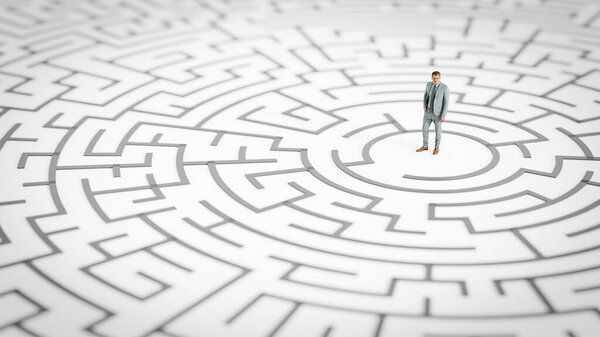 3D illustration Rendering. 3D miniature Businessman Standing in front of the maze. Success soncept