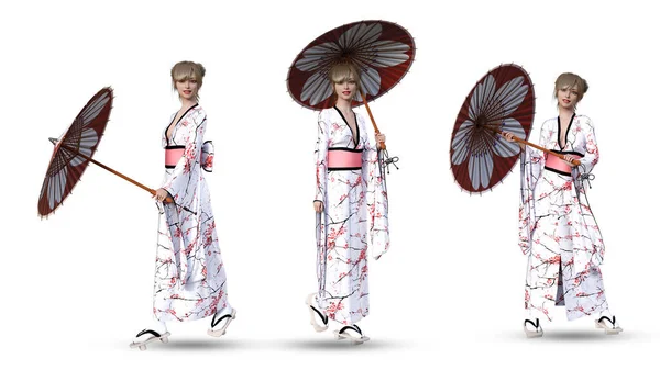 Schöne Mädchen Kimono Posiert Illustration — Stockfoto