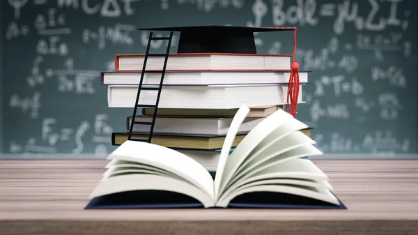 Mezuniyet şapkası kitaplarda. Eğitim, okul ve üniversite hakkında öğrenme ya da fikir kavramı. 3d illüstrasyon