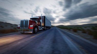Amerikan tarzı bir kamyon otobanda yük çekiyor. Ulaşım teması. 3B illüstrasyon