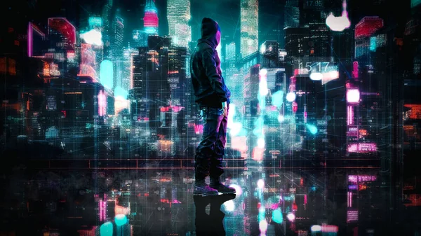 Hackerský Muž Stojí Před Městem Plným Světel Vykreslení Ilustrací — Stock fotografie