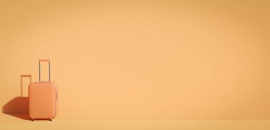Turuncu arka planda turuncu bavul. Turizm ve seyahat kavramı. Asgari düzeyde. 3B Hazırlama