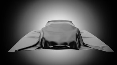 presentation car under black cloth on white background. 3d rendering