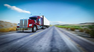 American style truck on freeway pulling load. Transportation theme. 3D illustration
