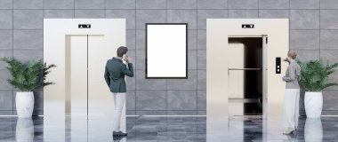 Üç boyutlu illüstrasyon. Reklam panosu ve iki asansör. Reklam için kullanışlı. Panoramik 3B görüntüleme