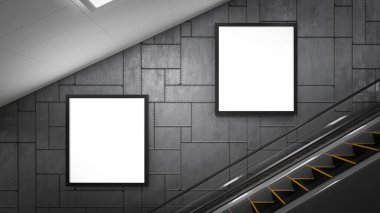 Üç boyutlu çizim. Metrodaki boş reklam panosu. Reklamınız için kullanışlı.