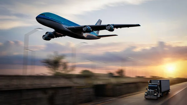 Vervoer Vliegtuigen Amerikaanse Stijl Vrachtwagen Snelweg Trekken Lading Vervoer Thema — Stockfoto