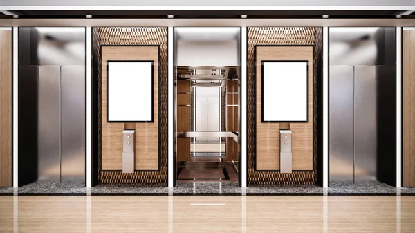 3D illustration. Mockup billboard and three elevators. Useful for your advertising. Panoramic 3D rendering