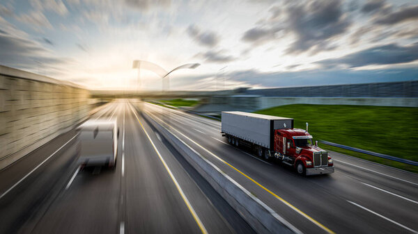 American style truck on freeway pulling load. Transportation theme. 3D illustration