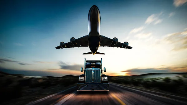 Nakliye uçakları ve Amerikan tarzı kamyonlar otobanda yük çekiyor. Ulaşım teması. 3B illüstrasyon