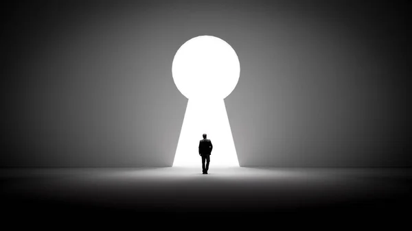 Elinde bavul olan 3D adam giriş kapısına giriş izni ile geliyor.