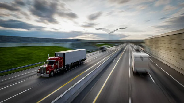 Αμερικάνικο Φορτηγό Στον Αυτοκινητόδρομο Που Μεταφέρει Φορτίο Θέμα Μεταφορών Απεικόνιση Εικόνα Αρχείου