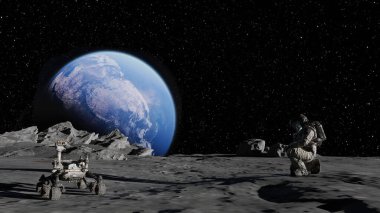3 boyutlu illüstrasyon. Bir astronot bir sondayla Ay 'ın yüzeyini eşeliyor..