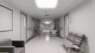 3 boyutlu illüstrasyon. Modern Hastanedeki Boş Koridor