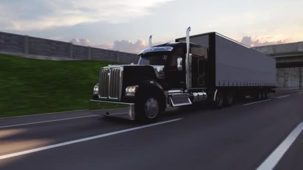 American Style Truck Freeway Pulling Load Transportation Theme Illustration — Stock Video