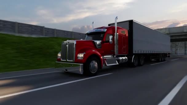Caminhão Estilo Americano Auto Estrada Puxando Carga Tema Transporte Ilustração — Vídeo de Stock