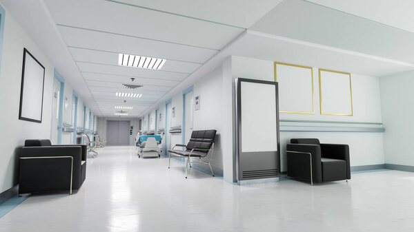 3d иллюстрация. Пустой коридор в современной больнице