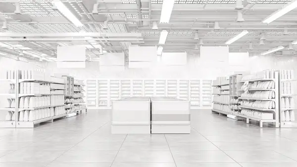 Üç boyutlu görüntüleme. Rafları olan bir süpermarket deposu.