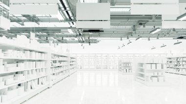 Üç boyutlu görüntüleme. Rafları olan bir süpermarket deposu.