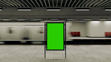 Metro istasyonunda reklam için yeşil ekranı olan boş bir reklam panosu. 3 Boyutlu Çizer