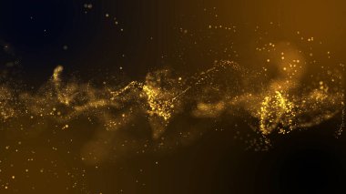 Karanlık arka planda soyut olarak işlenmiş altın parçacıkları. 3B illüstrasyon