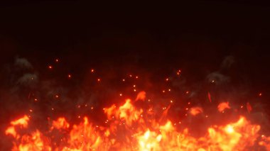 3D illustration. Burning embers glowing. Fire Glowing Particles on Black Background