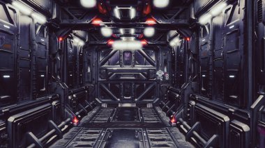 3D illüstrasyon canlandırıcı. Bilimkurgu grunge metalik koridor arka planında hasar