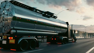 Amerikan tarzı bir kamyon otobanda yük çekiyor. Ulaşım teması. 3B illüstrasyon