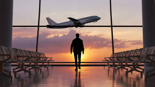 Gün batımında uçak kalkarken havaalanında yürüyen bir adamın silueti. 3B illüstrasyon