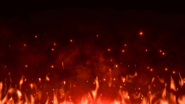3D illustration. Burning embers glowing. Fire Glowing Particles on Black Background