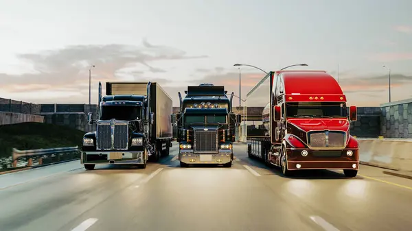 American style truck on freeway pulling load. Transportation theme. 3D illustration
