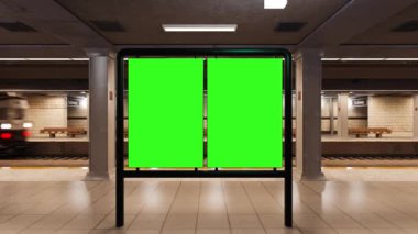 Metro istasyonunda reklam için yeşil ekranı olan boş bir reklam panosu. 4k 3D canlandırma 