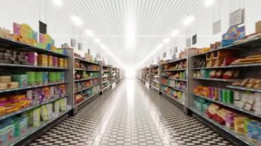 Süpermarket koridoru alışverişi. 4k 3d animasyon
