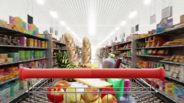 Boş kırmızı alışveriş arabasıyla süpermarket koridoru. 4k 3d animasyon