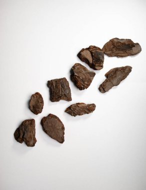 Beyaz arkaplanda ağaç kabuğu yığını