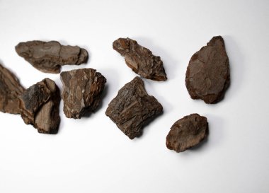 Beyaz arka planda siyah beyaz kömür yığını. Çevre kirliliği kavramı.