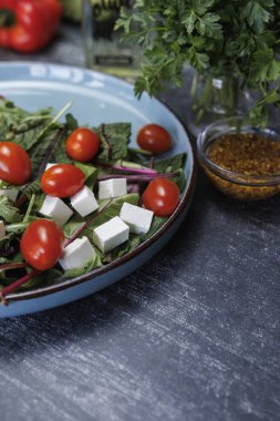 Sağlıklı yemek. Sebzeli taze salata. Çeri domatesli taze salata, beyaz peynir küpleri ve kahverengi kenarlı mavi tabakta otlar.. 
