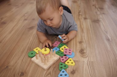 Çaylak, çiviler üzerinde renkli geometrik şekiller ayırıyor. Küçük çocuk evde eğitici tahta bir oyuncakla oynuyor. Erken çocukluk gelişimi kavramı, oyun yoluyla öğrenme, ve ince motor beceriler.