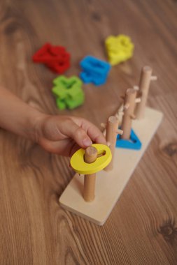 Childs 'ın elleri ahşap Montessori ayıklama oyuncağına şekil veriyor. Bebekler için renkli eğitim oyuncağı, iyi motor becerileri, koordinasyonu ve bilişsel gelişimi teşvik ediyor.