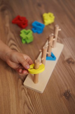 Childs 'ın elleri ahşap Montessori ayıklama oyuncağına şekil veriyor. Bebekler için renkli eğitim oyuncağı, iyi motor becerileri, koordinasyonu ve bilişsel gelişimi teşvik ediyor.