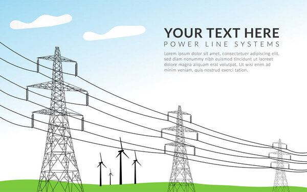 high voltage electric transmission tower, Power line system, electricity pole, Energy pylon, Wind turbine, Network of interconnected electric. City electricity infrastructure on green field landscape