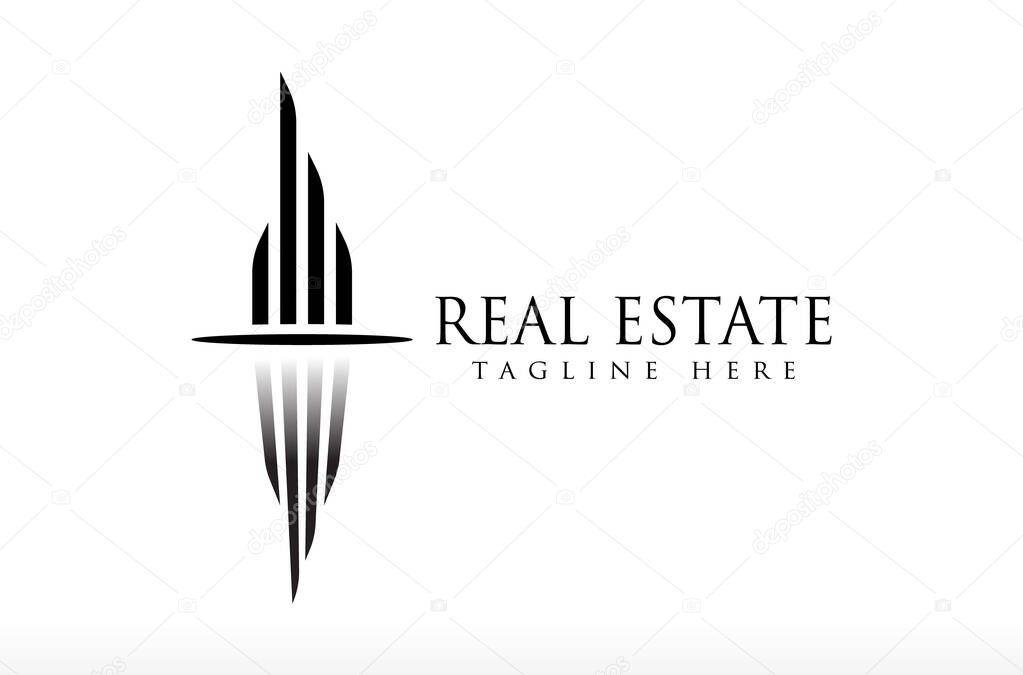 Real Estate Building With Reflecting Sea View Logo, modern building logo, modern real estate logo, minimal trendy tower design river sea wave Vector Icon Symbol Silhouette Illustration brand business