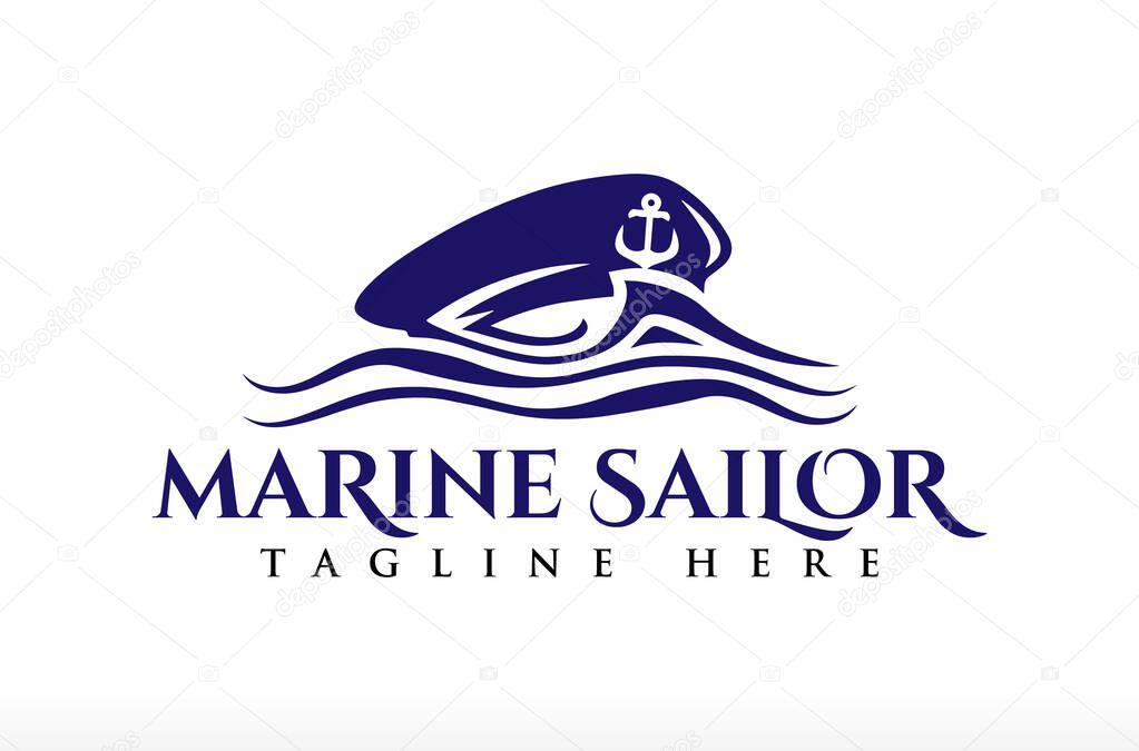 Marine Sailor Logo, Captain Cap logo, Sea Wave logo design, marine ship captain cap in the coastal, marine concept, marine life in the sea ocean blue water Vector Icon Symbol anchor Illustration