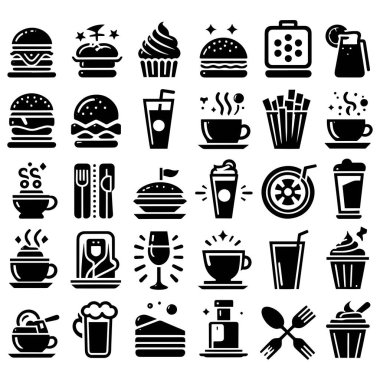 Kafe simgeleri, restoran simgesi, yiyecek ve içecek ikon vektör tasarımı silüeti