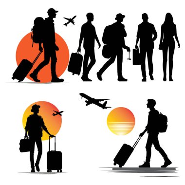 Bagaj çantalı gezgin, siluet vektör çizimi. Bagaj çantalı gezgin siluet vektör çizimi